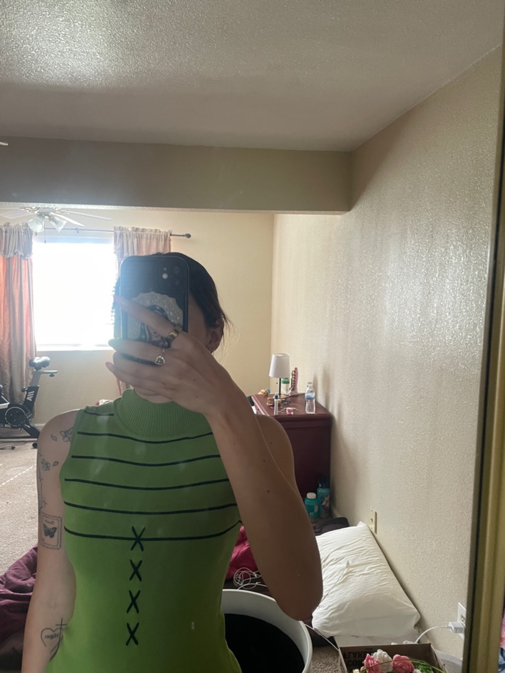 Infinity Raine Green Sleeveless Mock Neck Top with Black Stripes